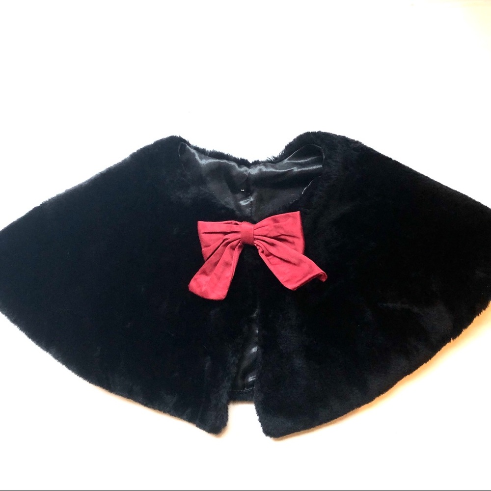Gymboree Girls Black Faux Fur Shawl Cape Capelet with Red bow